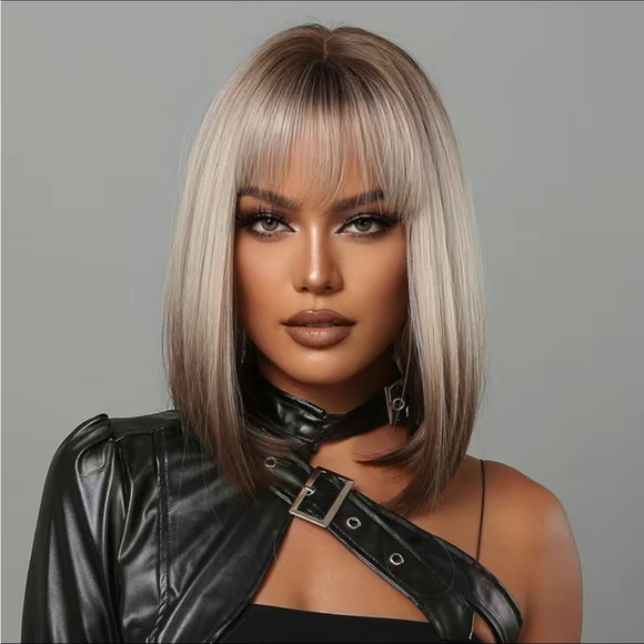 - - Human hair blend gray blonde to brown ombre Bob straight wig. main image 7